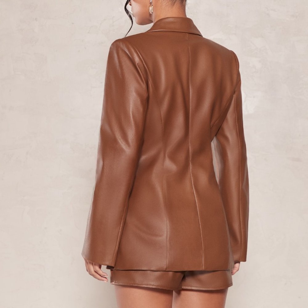 Brown Preppy Womens Peak Neck PU Leather Blazer - Picture 5 of 5